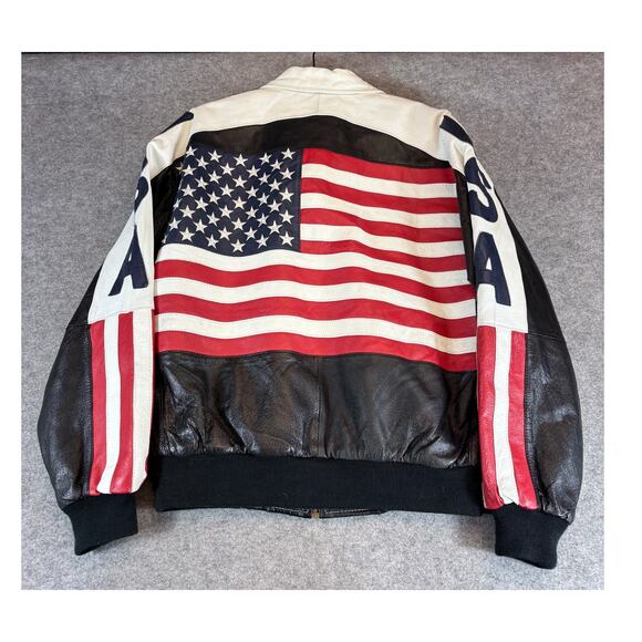 VINTAGE Michael Hoban Where Mi Leather Bomber Jacket Mens Large Black USA Flag - Picture 2 of 6